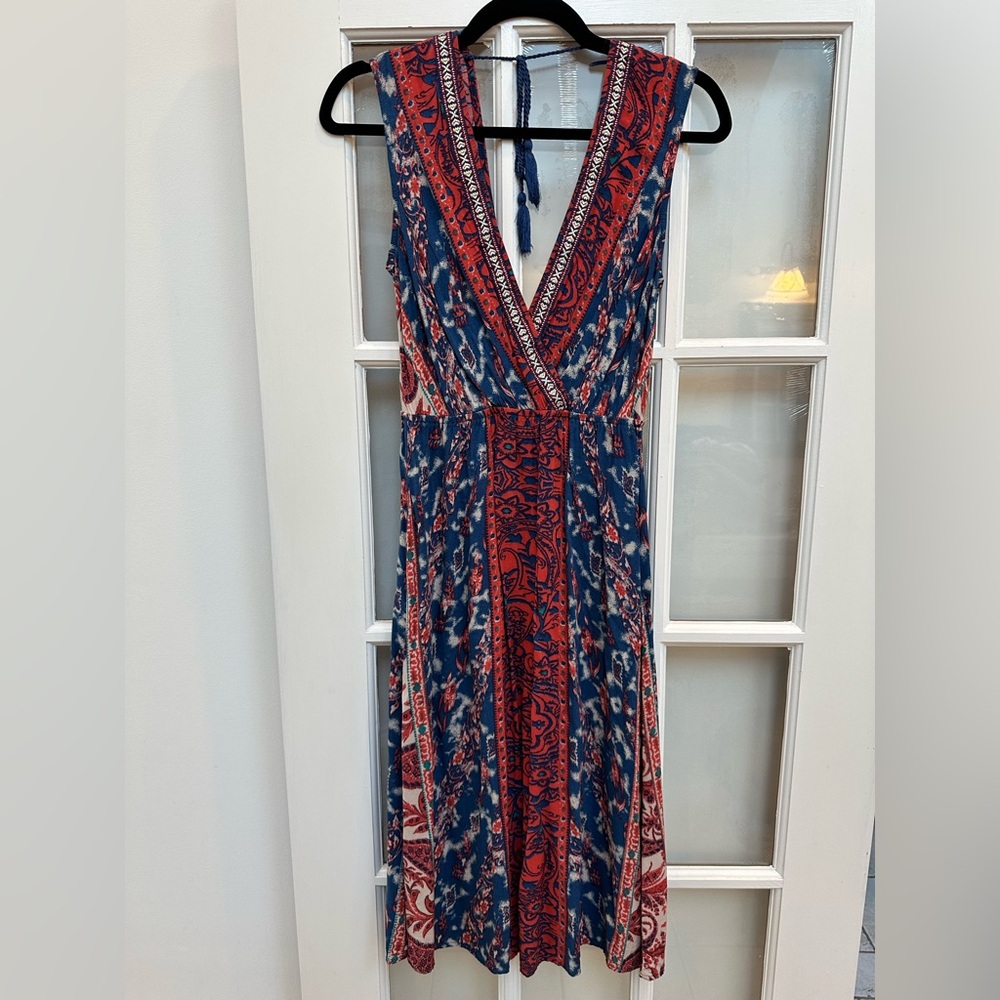 Flying Tomato Boho Hippie Women’s Red Blue Floral Blouson Midi Dress Size Small